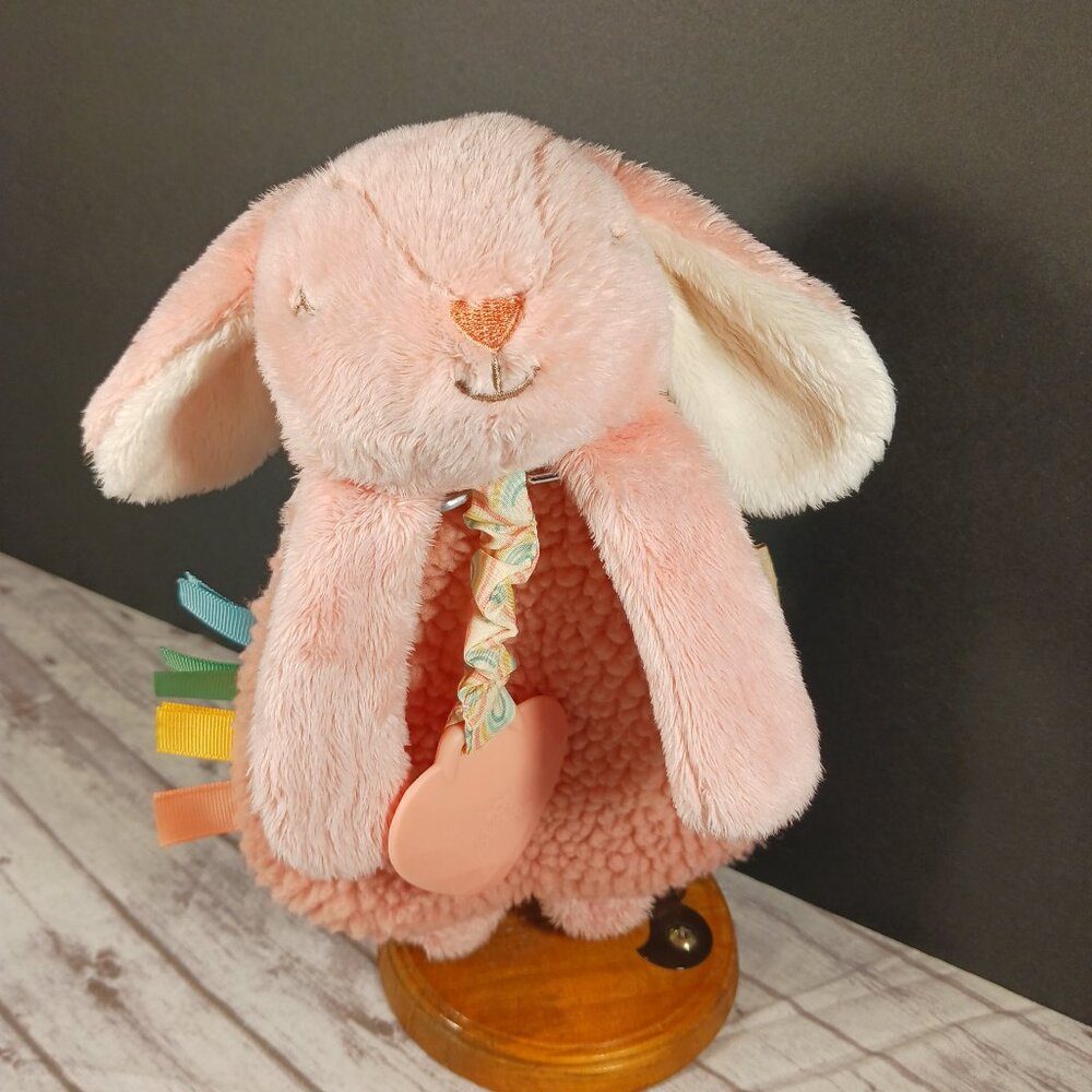 Itzy Ritzy Plush Teether Toy Peach Bunny Lovey Silicone Chew Textured Ribbons